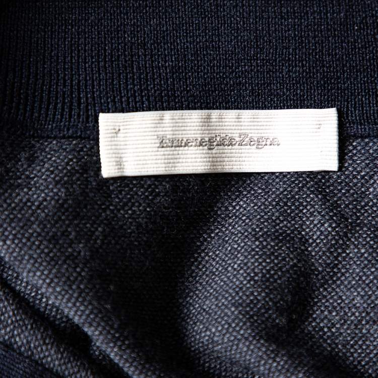 Pre Owned Ermenegildo Zegna Navy Blue Wool and Cashmere Leather Zipper Front Detail Sweater XXL
