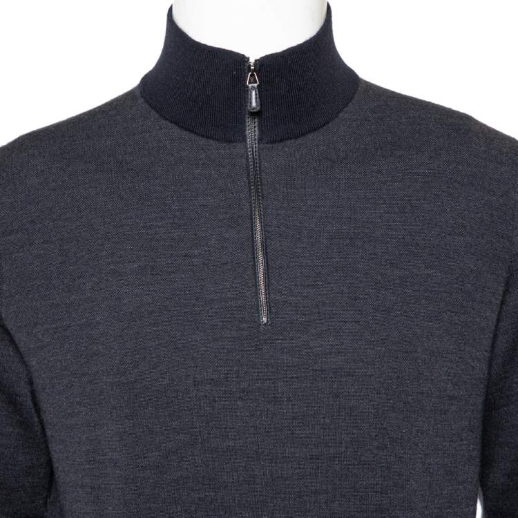 Pre Owned Ermenegildo Zegna Navy Blue Wool and Cashmere Leather Zipper Front Detail Sweater XXL