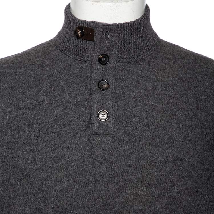 Pre Owned Ermenegildo Zegna Grey Cashmere Buttoned Mock Neck Sweater XL