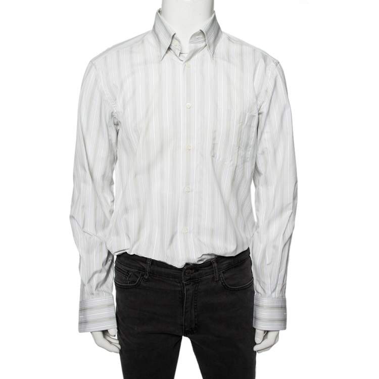 Pre Owned Ermenegildo Zegna White Striped Cotton Front Button Shirt L 