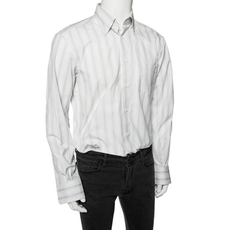 Pre Owned Ermenegildo Zegna White Striped Cotton Front Button Shirt L 