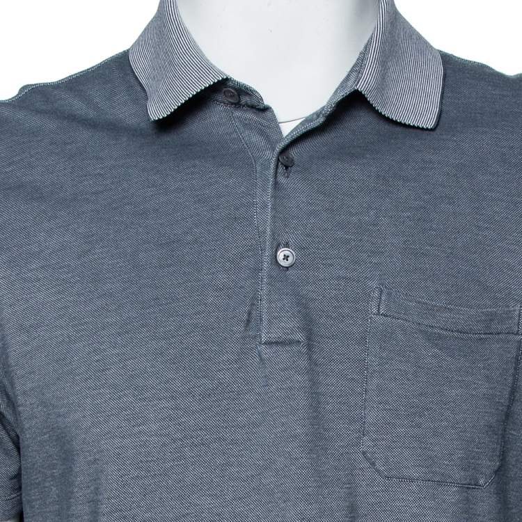 Pre Owned Ermenegildo Zegna Grey Cotton Pique Contrast Collar Detail Polo T-Shirt L 