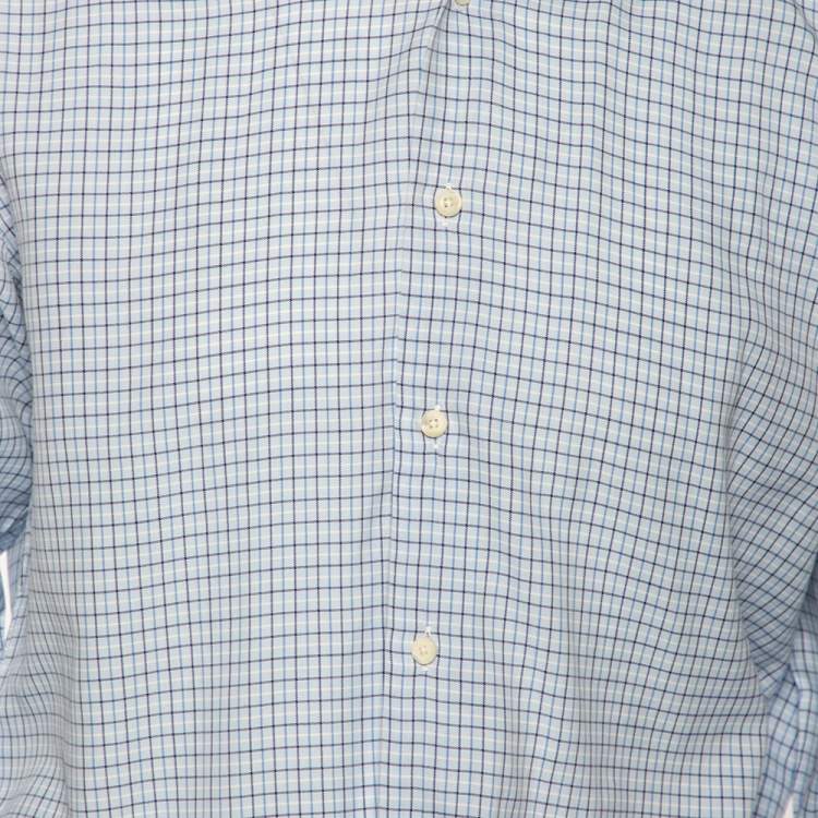 Pre Owned Ermenegildo Zegna Light Blue Check Cotton Button Front Regular Fit Shirt M