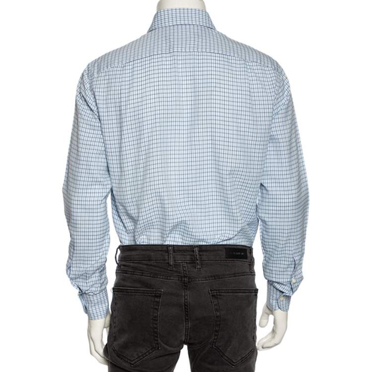 Pre Owned Ermenegildo Zegna Light Blue Check Cotton Button Front Regular Fit Shirt M