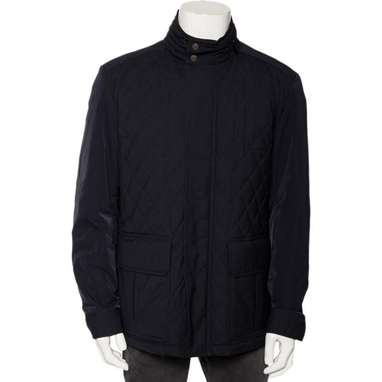 Ermenegildo Zegna Navy Blue Wool Quilted Concealed Hood Detail