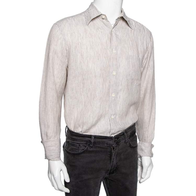 Pre Owned Ermenegildo Zegna Brown Striped Linen Button Front Shirt L