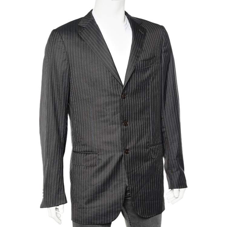 Pre Owned Ermenegildo Zegna Dark Brown Tonal Striped Wool Blazer L