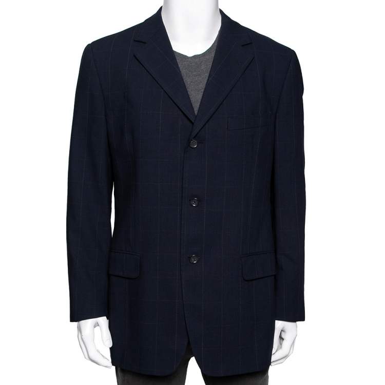 Pre Owned Ermenegildo Zegna Navy Blue Checked Wool Single Breasted Blazer XL