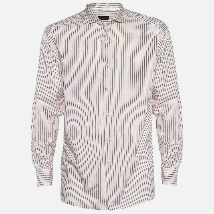 Pre Owned Ermenegildo Zegna White and Red Striped Cotton Long Sleeve Shirt XL