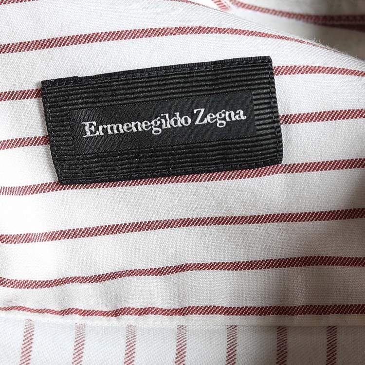 Pre Owned Ermenegildo Zegna White and Red Striped Cotton Long Sleeve Shirt XL