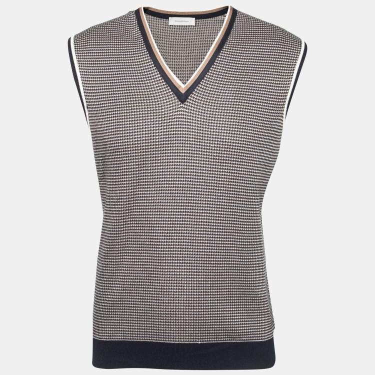 مملوكة مسبقًا Ermenegildo Zegna Navy Blue & Brown Silk Knit V-Neck Gillet L