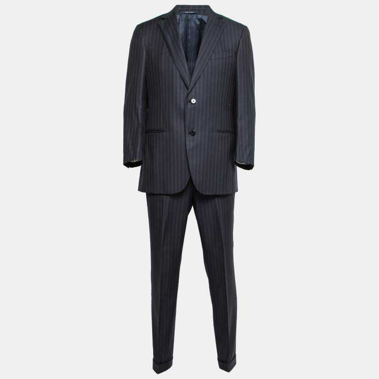 Pre Owned Ermenegildo Zegna Navy Blue Striped Trofeo Silk Suit Regular Fit Suit L