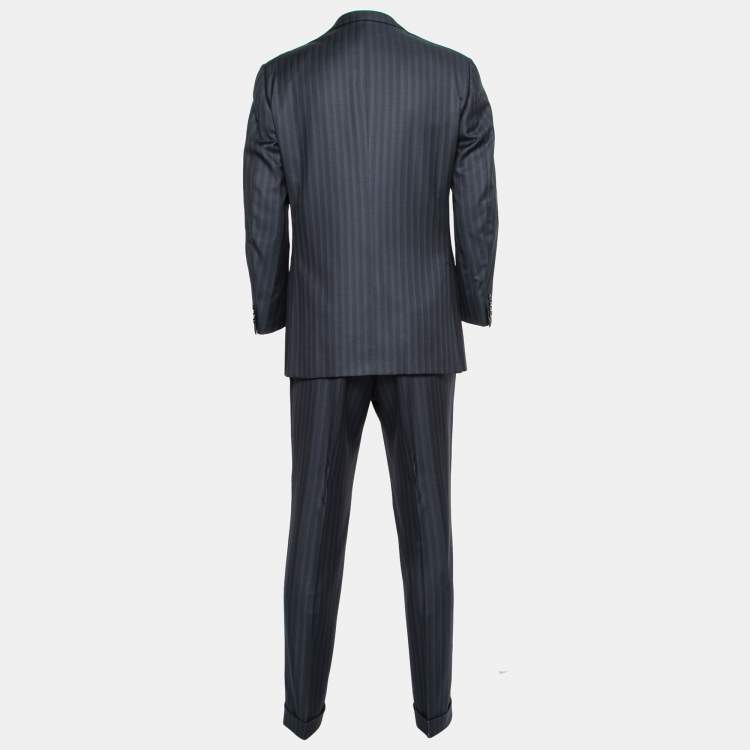 Pre Owned Ermenegildo Zegna Navy Blue Striped Trofeo Silk Suit Regular Fit Suit L