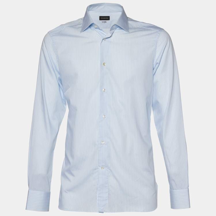 Pre Owned Ermenegildo Zegna Light Blue Striped Cotton 100Fili Tailored Fit Shirt L