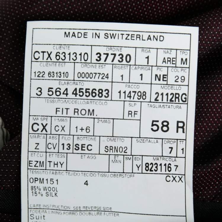 Pre Owned Ermenegildo Zegna Su Misura Grey Wool Single-Breasted Suit 4XL