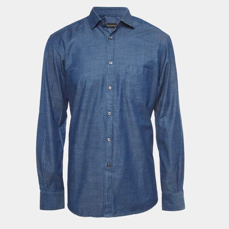 Pre Owned Ermenegildo Zegna Dark Blue Cotton Button Front Full Sleeve Shirt L