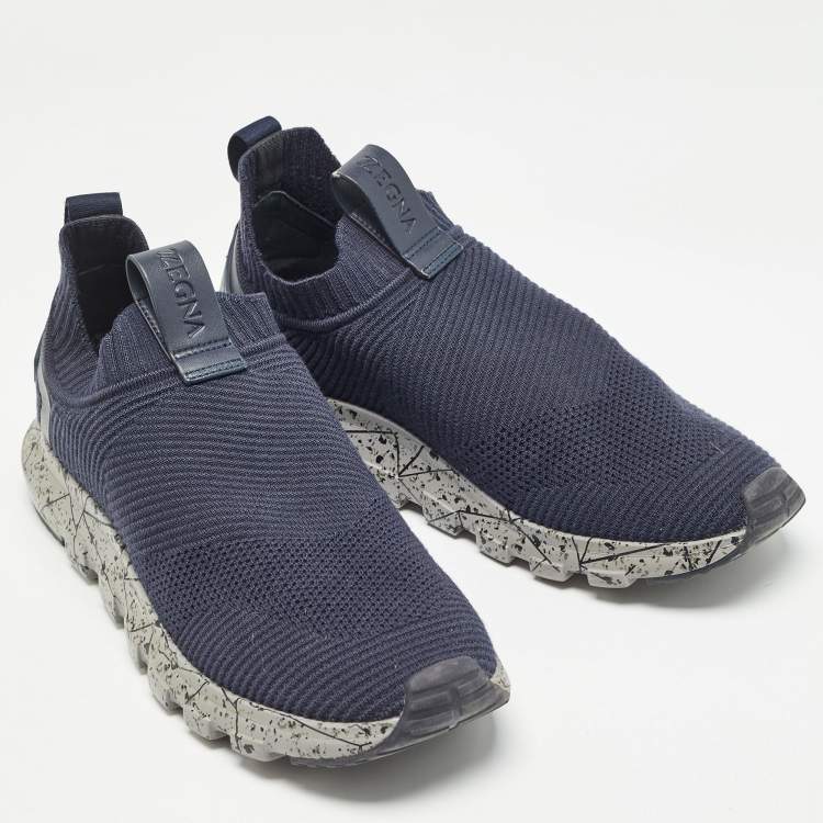 Pre Owned Ermenegildo Zegna Navy Blue Knit Fabric Slip On Sneakers Sneakers Size 42