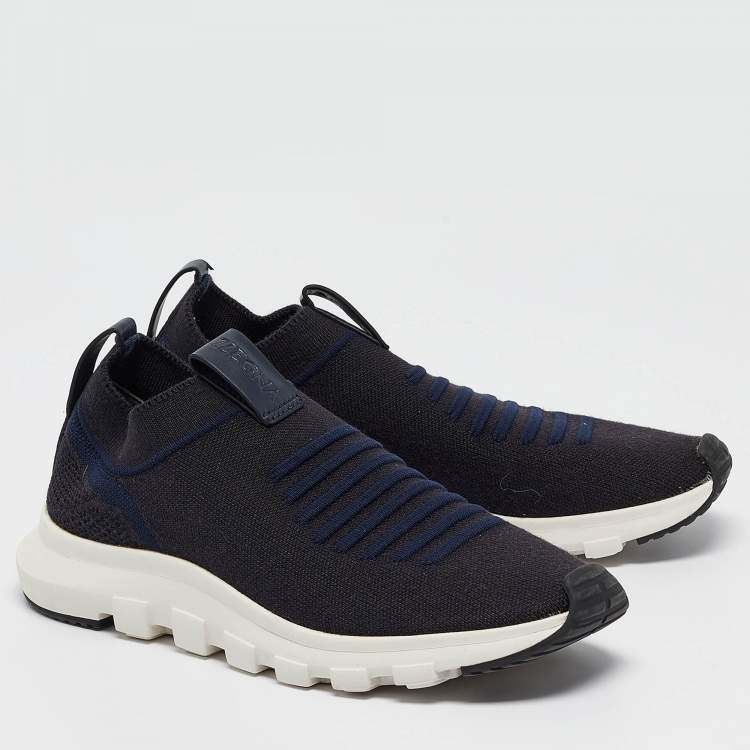 Pre Owned Ermenegildo Zegna Navy Blue/Black Knit Fabric Slip On Sneakers Size 42