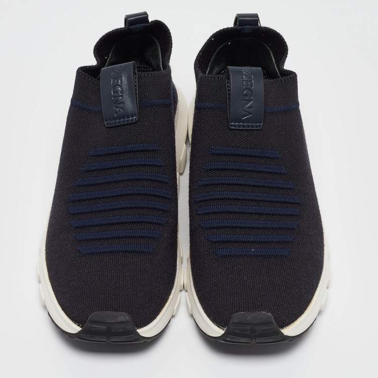 Pre Owned Ermenegildo Zegna Navy Blue/Black Knit Fabric Slip On Sneakers Size 42