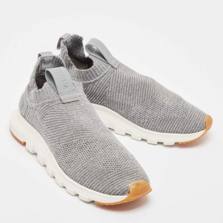 Pre Owned Ermenegildo Zegna Grey Knit Fabric Low Top Sneakers  Size 41.5