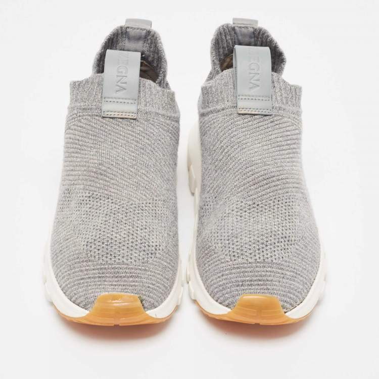 Pre Owned Ermenegildo Zegna Grey Knit Fabric Low Top Sneakers  Size 41.5