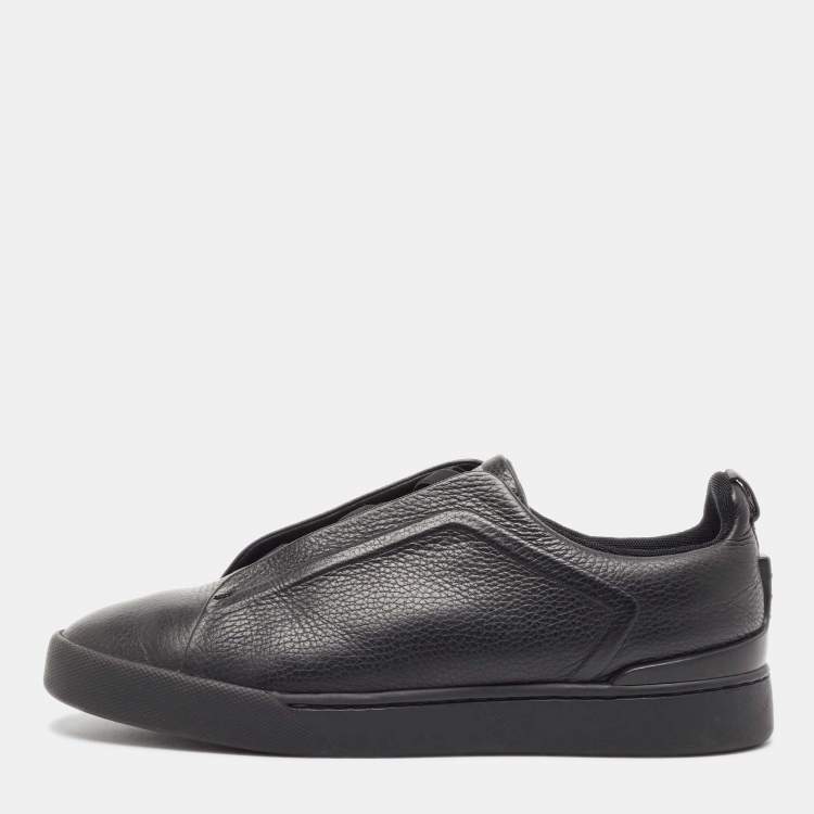 Pre Owned Ermenegildo Zegna Black Leather Triple Stitch Sneakers Size 41.5