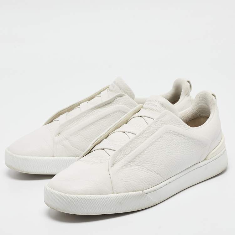 Pre Owned Ermenegildo Zegna Couture White Leather Triple Stitch Slip On Sneakers Size 44