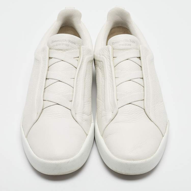 Pre Owned Ermenegildo Zegna Couture White Leather Triple Stitch Slip On Sneakers Size 44
