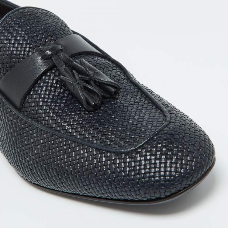 Pre Owned Ermenegildo Zegna Dark Blue Woven Leather Lido Tassel Loafers Size 40