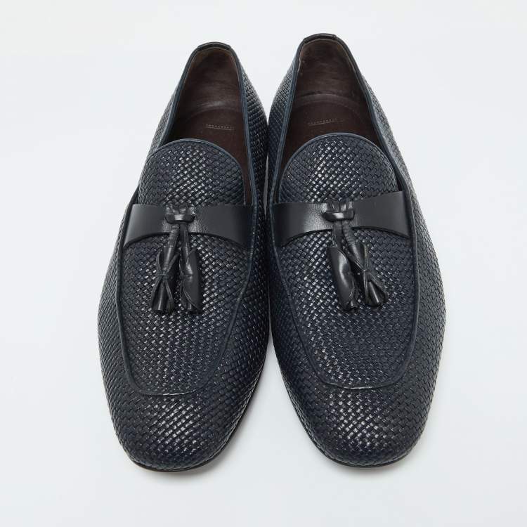 Pre Owned Ermenegildo Zegna Dark Blue Woven Leather Lido Tassel Loafers Size 40