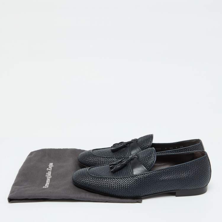 Pre Owned Ermenegildo Zegna Dark Blue Woven Leather Lido Tassel Loafers Size 40