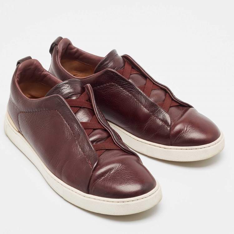 Pre Owned Ermenegildo Zegna Burgundy Leather triple stitch Slip On Sneakers Size 42.5