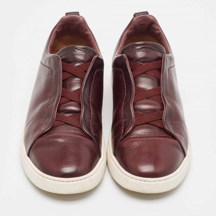 Pre Owned Ermenegildo Zegna Burgundy Leather triple stitch Slip On Sneakers Size 42.5