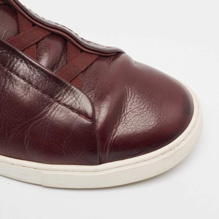 Pre Owned Ermenegildo Zegna Burgundy Leather triple stitch Slip On Sneakers Size 42.5