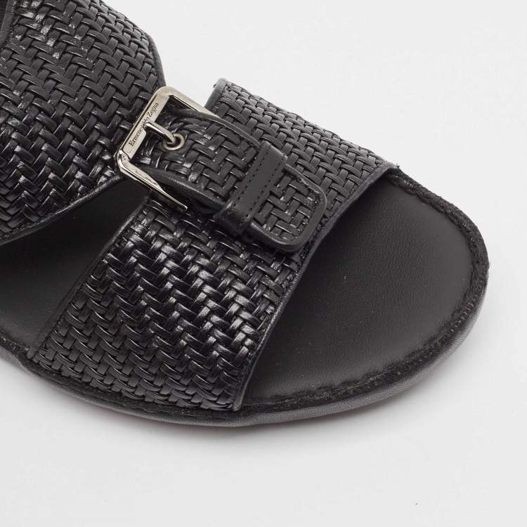 Pre Owned Ermenegildo Zegna Black Leather Flat Sandals Size 41