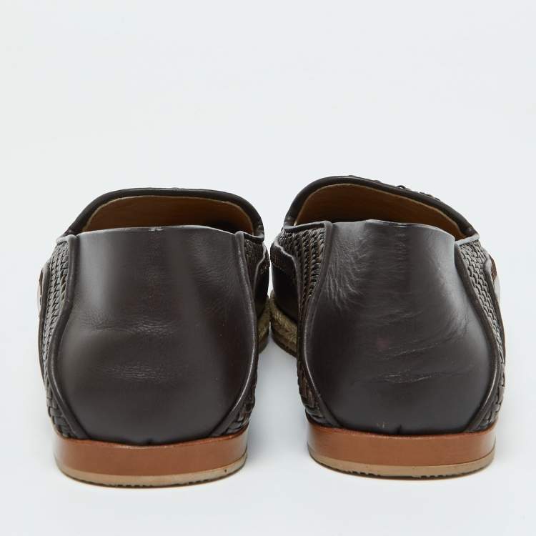 Pre Owned Ermenegildo Zegna Dark Brown Leather Pelle Tessuta Espadrilles Loafers Size 39