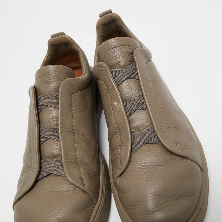 Pre Owned Ermenegildo Zegna Olive Green Leather Triple Stitch Slip On Sneakers Size 44.5