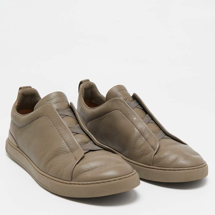 Pre Owned Ermenegildo Zegna Olive Green Leather Triple Stitch Slip On Sneakers Size 44.5