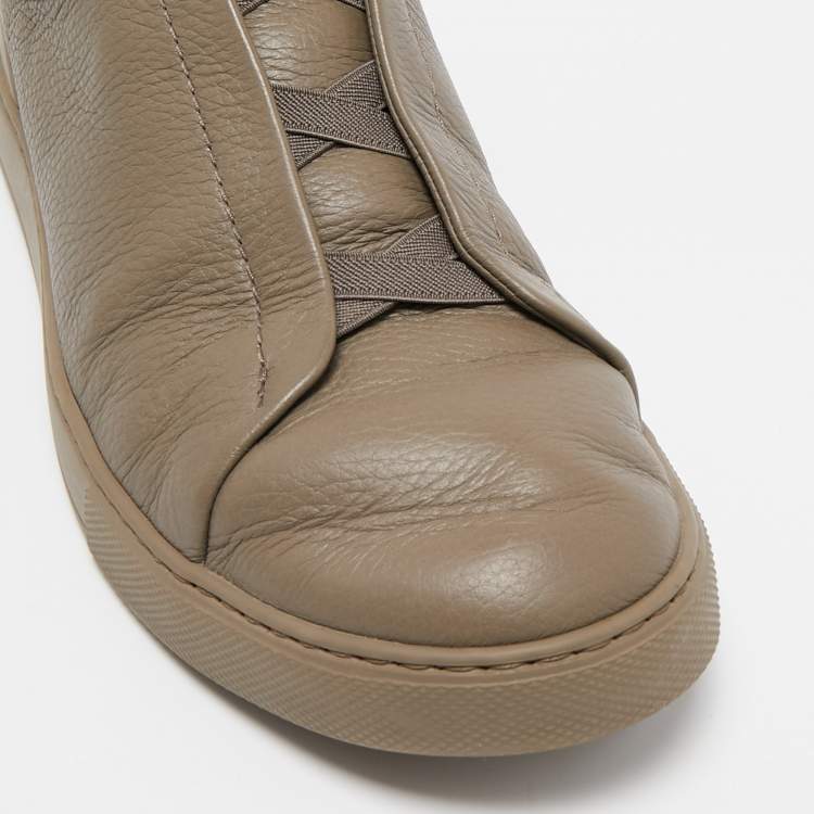 Pre Owned Ermenegildo Zegna Olive Green Leather Triple Stitch Slip On Sneakers Size 44.5