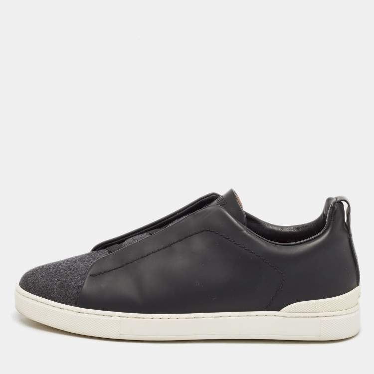 Pre Owned Ermenegildo Zegna Black Leather and Wool Triple Stitch Slip On Sneakers Size 43