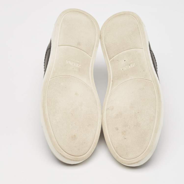 Pre Owned Ermenegildo Zegna Black Leather and Wool Triple Stitch Slip On Sneakers Size 43