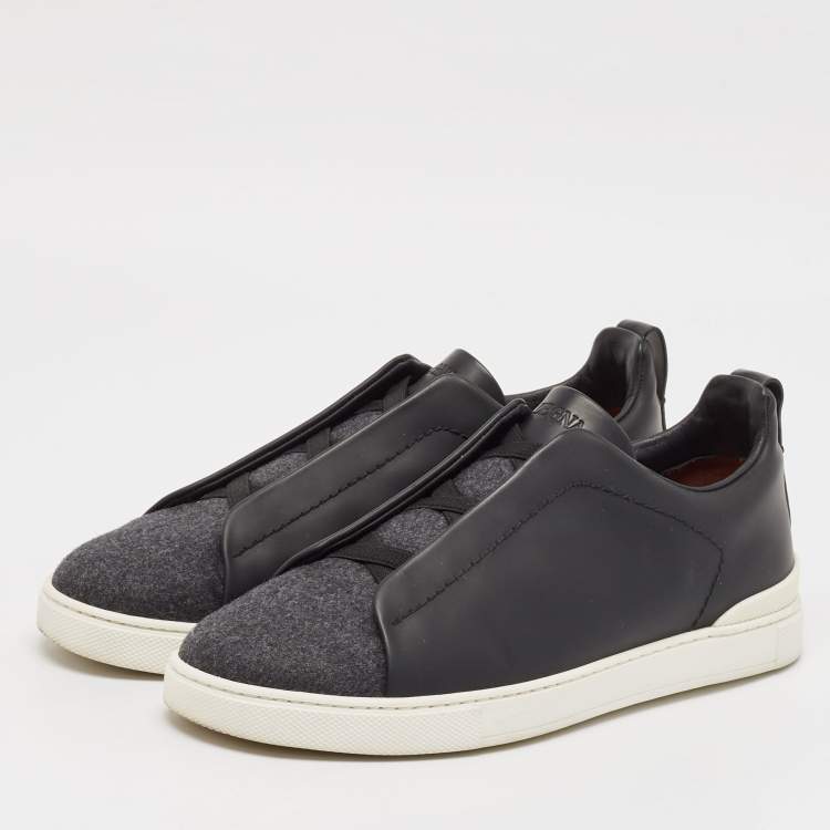 Pre Owned Ermenegildo Zegna Black Leather and Wool Triple Stitch Slip On Sneakers Size 43