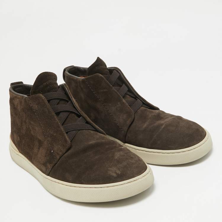 Pre Owned Ermenegildo Zegna Brown Suede Triple Stitch High Top Sneakers Size 43.5