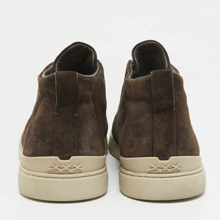 Pre Owned Ermenegildo Zegna Brown Suede Triple Stitch High Top Sneakers Size 43.5