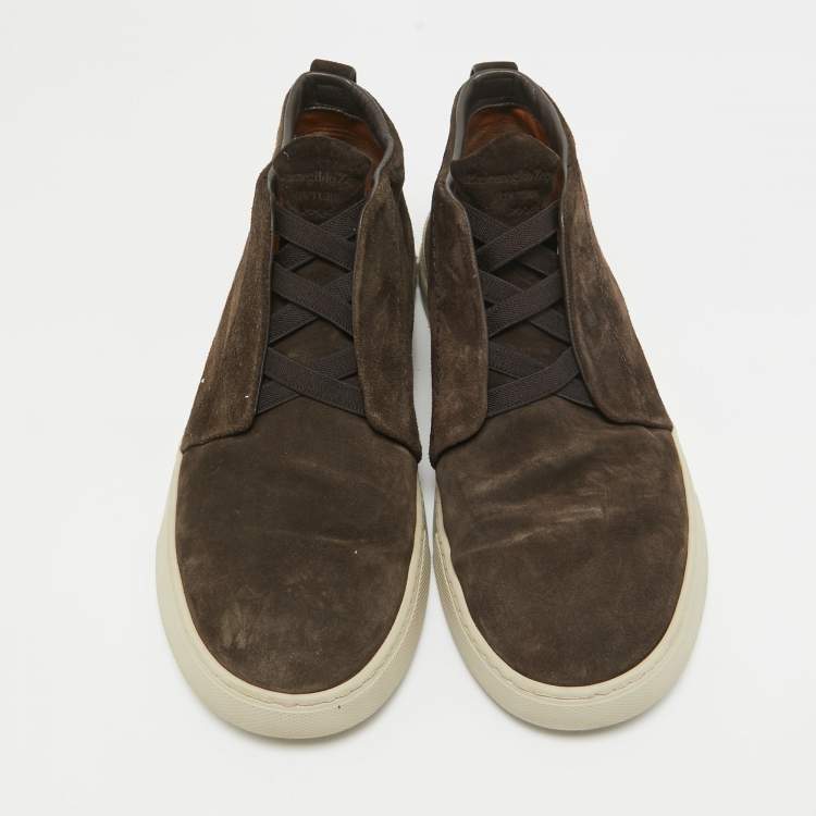 Pre Owned Ermenegildo Zegna Brown Suede Triple Stitch High Top Sneakers Size 43.5