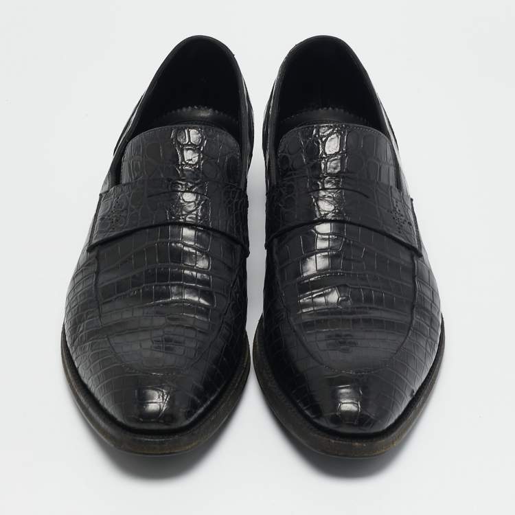 Pre Owned Ermenegildo Zegna Black Alligator Leather Penny  Loafers Size 42
