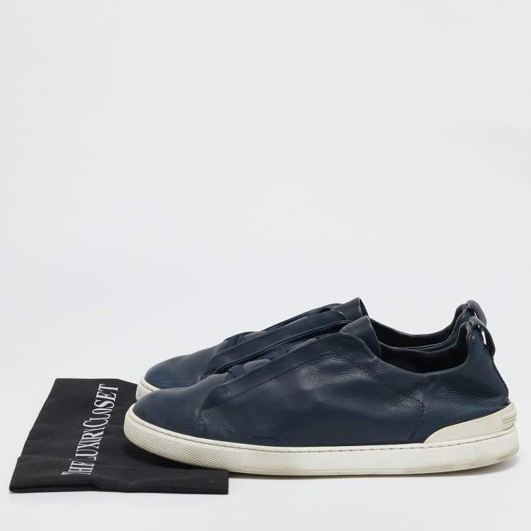 Pre Owned Ermenegildo Zegna Navy Blue Leather Triple stitch Slip On Sneakers Size 44