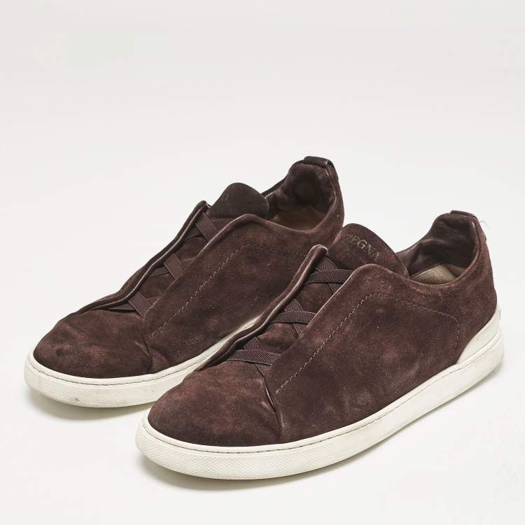 مملوكة مسبقًا Ermenegildo Zegna Dark Brown Suede Triple Stitch Slip On Sneakers Size 45