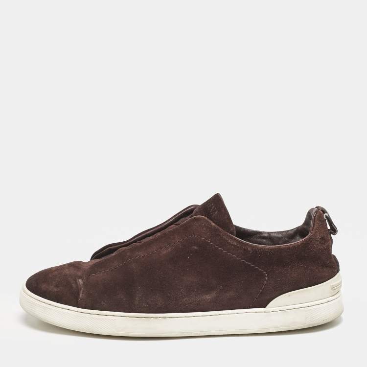 مملوكة مسبقًا Ermenegildo Zegna Dark Brown Suede Triple Stitch Slip On Sneakers Size 45