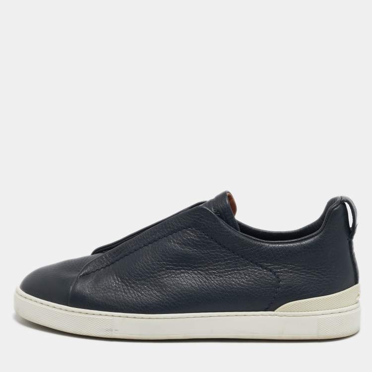 Pre Owned Ermenegildo Zegna Navy Blue Leather Triple Stitch Slip On Sneakers Size 41